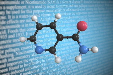 Molecular model of nicotinamide, 3D rendering