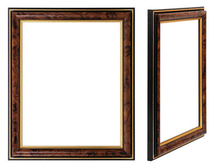 Wooden frame for paintings, mirrors or photo in frontal and perspective view isolated on white background