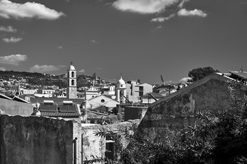 Roofs and towers of historic buildings in the city of Chania on the island of Crete