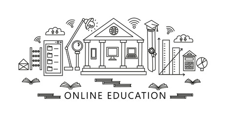 The concept of online education in the form of a city. Houses in the form of window, calculator, diagram. Online university concept using phone, laptop and computer.