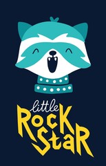 Little rock star. Postcard with a raccoon. Vector cartoon character. Illustration on a dark background for children in the style of funny doodles. Ideal for printing on baby clothes, t-shirts.