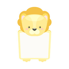 Frame decorated with lion cub head. Photo album, note book page, notes, memories and stickers with lovely baby animal cartoon vector illustration