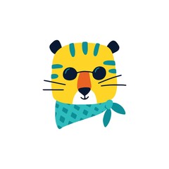Rock tiger in glasses. Vector cartoon character in rock accessories. Isolate illustration on white background for kids in funny doodle style.