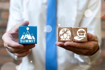 Concept of summit. Political meeting, conference, global governance event. High level forum.