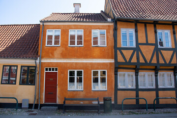 Colorful old historic house in a street of Koge City. Traditional Scandinavian houses.