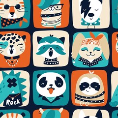 Cute animal retro rock stars seamless pattern. Hand drawn colorful doodle cartoon characters in rock clothes and accessories, with hair and makeup. Ideal for baby textiles, wallpapers, wrapping.