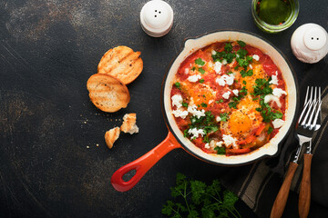 Shakshuka. Homemade fried eggs with vegetables in iron frying pan on old dark slate, stone or concrete background. Traditional cuisine of Israel. Late breakfast concept. Arabic cuisine. Top view.