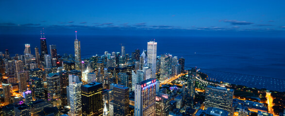 View of Chicago skyline and lake by night