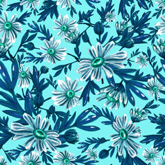 watercolor illustration seamless pattern ordinary field daisies with leaves on a dark background for wallpaper or furniture