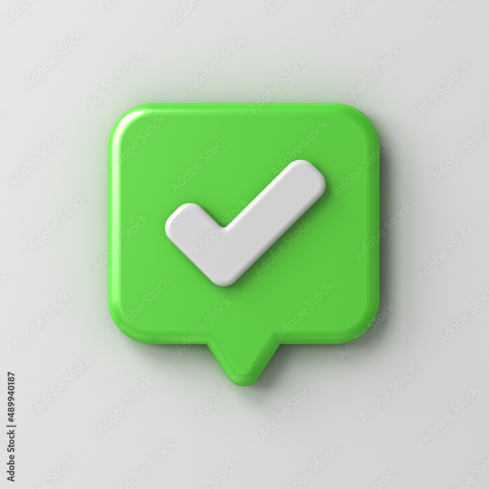 Aufkleber 3d social media notification check mark symbol icon on green rounded square chat bubble pin isolated