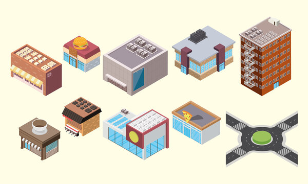ten isometric buildings icons