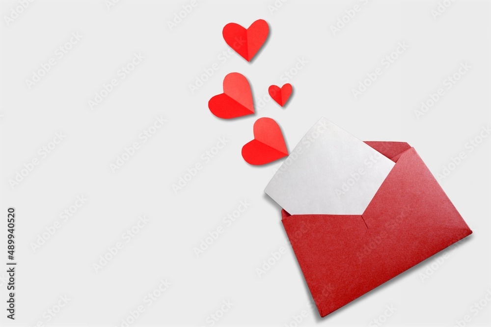 Poster Red paper envelope with empty white card and heart, valentines day concept.