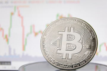 bitcoin coin on the background of the graph close-up
