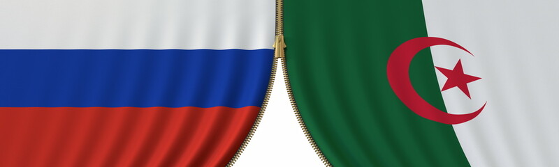 Fototapeta premium Russia and Algeria political cooperation or conflict, flags and closing or opening zipper, conceptual 3D rendering