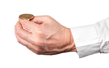 Businessman hand holding bitcoin coin isolated on white background. Trading, speculation with...