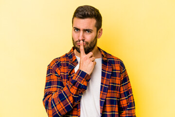 Young caucasian man isolated on yellow background thinking and looking up, being reflective, contemplating, having a fantasy.