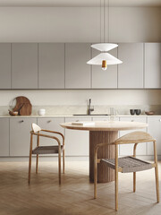 3d render of a Nordic earthy calm kitchen with wood and beige  - obrazy, fototapety, plakaty