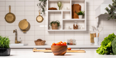 Vegetables on modern scandi kitchen background. Pea microgreens, broccoli, lettuce, tomatoes. Dinner preparing. Healthy food concept. High quality photo