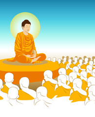beautiful Vector of Lord of Buddha Enlightenment mediating sitting with crowd of monk for Makha, Visakha, Asarnha Bucha, Visak and buddhist lent day asian religion holiday retro style blue background
