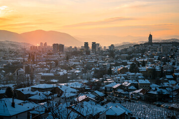 Scenic view sunset over the city Sarajevo cityscape Bosnia