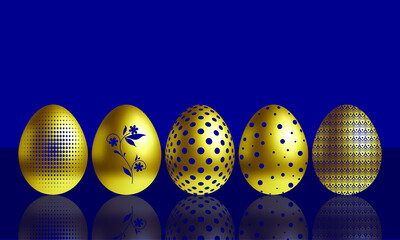 Vector illustration with set of blue and golden easter chocolate eggs in blue background