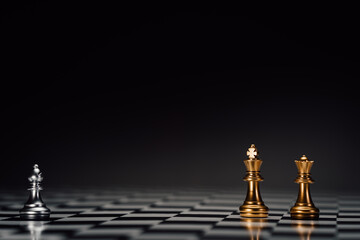 Chess pieces on a chessboard against neutral endless background. Chess as a symbol of strategy, intelligence, power and business. Dark mood.