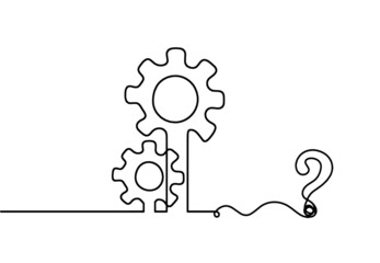 Abstract round metal gears wheels with question mark as line drawing on white background
