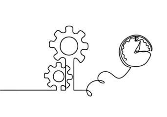 Abstract round metal gears wheels with clock as line drawing on white background