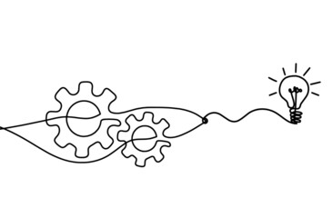 Abstract round metal gears wheels with light bulb as line drawing on white background. Vector