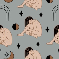 Cosmic Woman with Mystical Elements Seamless Pattern.