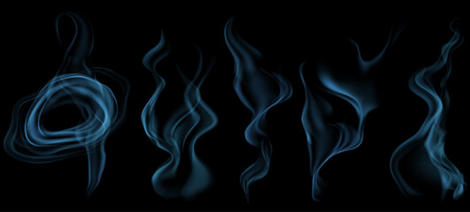 Set of several realistic transparent light blue smokes or steam, for use on dark background. Transparency only in vector format