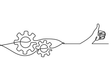 Abstract round metal gears wheels with hand as line drawing on white background