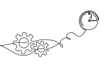 Abstract round metal gears wheels with clock as line drawing on white background