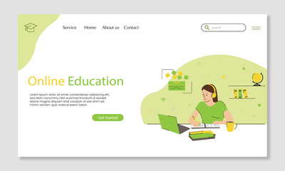 The landing page of online education. Distance learning. Training. Student sitting at the table with a laptop, computer, and educational materials, a cup of tea, notebook, books.Green web page