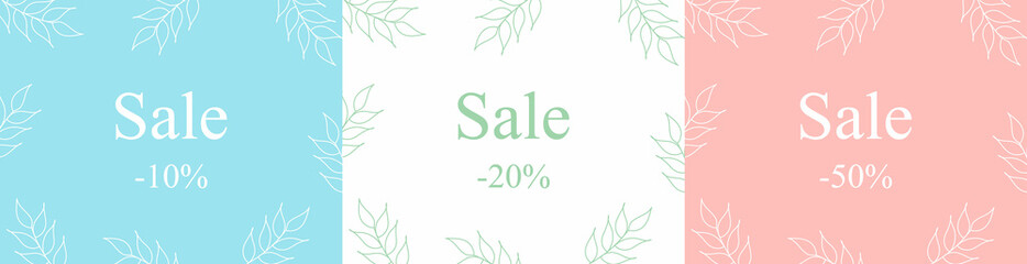 Set of Sale banners, greeting cards, posters, holiday covers. Art templates with nature elements. Suitable for social media posts, mobile apps, banners design and web/internet ads. Fashion backgrounds