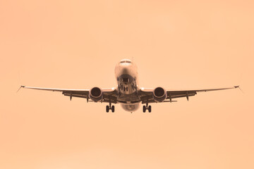  A civilian plane in the sky in the rays of the setting sun. Copy space.