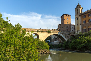 Fototapeta na wymiar Castello Caetani, Tiber River and Pons Fabricius in city of Rome, Italy