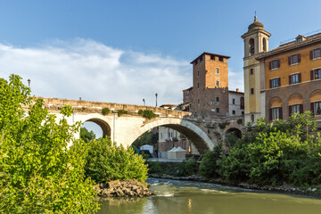 Fototapeta premium Castello Caetani, Tiber River and Pons Fabricius in city of Rome, Italy