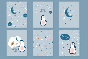 Baby cosmic set of cards with penguin and stars. Cosmos theme. Posters with space in Scandinavian style. Cute vector illustrations for interior decorating, fabric, baby clothes.