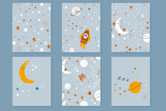 Cosmic theme cards . Cute vector illustrations with stars, moon, rocket and planets. Hand drawn prints for baby clothes, textile, postcards, scrapbooking.
