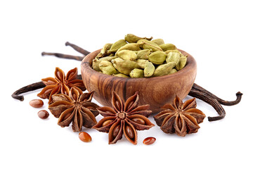 Cardamon, anise and vanile isolated on white background. Spices isolated.