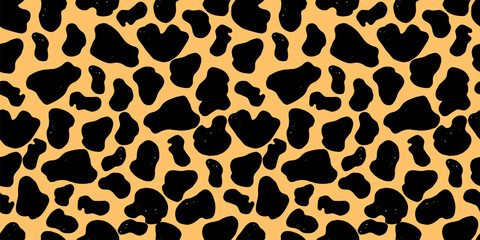 Seamless dalmatian fur animal print. Animal skin template. Spot background. Vector design illustration. Random bovine spots hand drawn design. Farm animal textural banner.