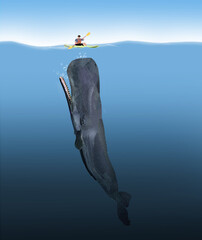 Feeling vulnerable about the unknown situation below is this kayaker with a whale moving his way in a 3-d illustration. © Rob Goebel