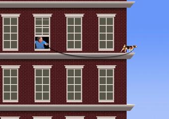 A lazy dog owner lets his beagle take a walk on the ledge of their apartment building in a 3-d illustration.