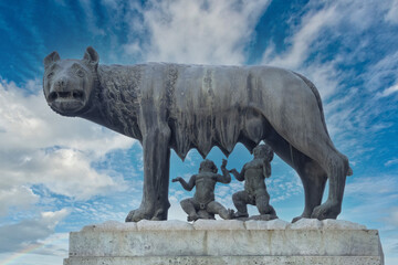 she wolf roman empire symbol breast feeding newborn romolus and remus statue on blue sky background