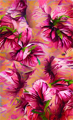 Fototapeta premium hand drawn abstract texture of hibiscus flowers. Pink, blue and yellow spring background. Natural natural texture of tropical vegetation. Design for wedding invitation, card, book.
