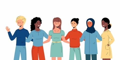 Fototapeta premium Six women of different nationalities and cultures hugging together. Happy girls are friends, female solidarity. International women's day. Feminist movement. Sisterhood and female friendship