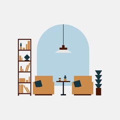 Livingroom loft or library interior design minimalism with coffee table armchairchair lamp decorative plants coffee cup and bookcase in pastel colors 