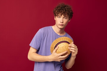 kinky guy fashion posing hand gestures stylish hat isolated background unaltered