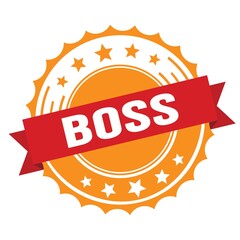 BOSS text on red orange ribbon stamp.
